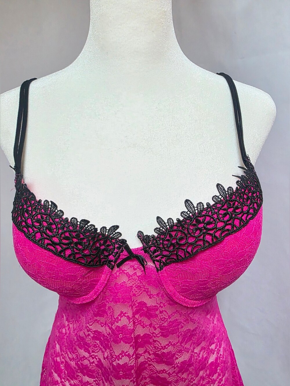 Hot Pink Lace Babydoll Chemise Lingerie Black Trim Padded Cups Adjustable Straps - Picture 2 of 9